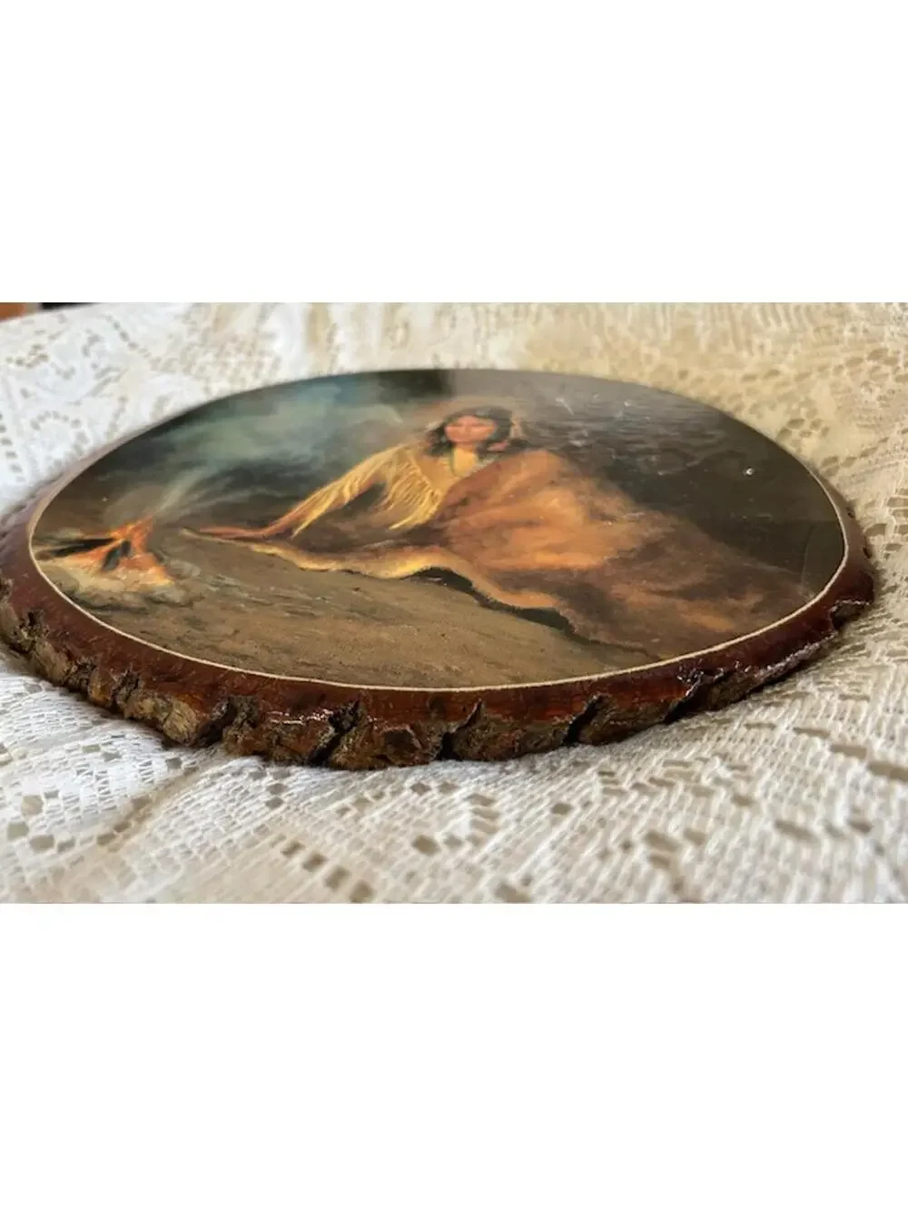 Vintage Native American Woman Art on Wood Slice Wall Hanging